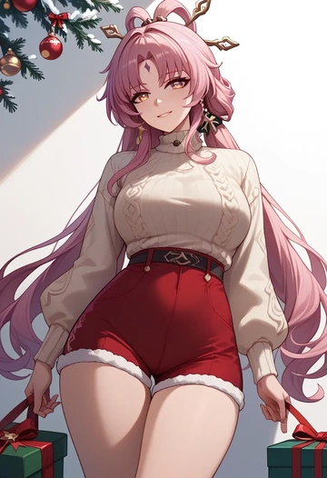 star rail,fu xuan,Christmas,red velvet shorts,turtleneck sweater  - AI generated anime art